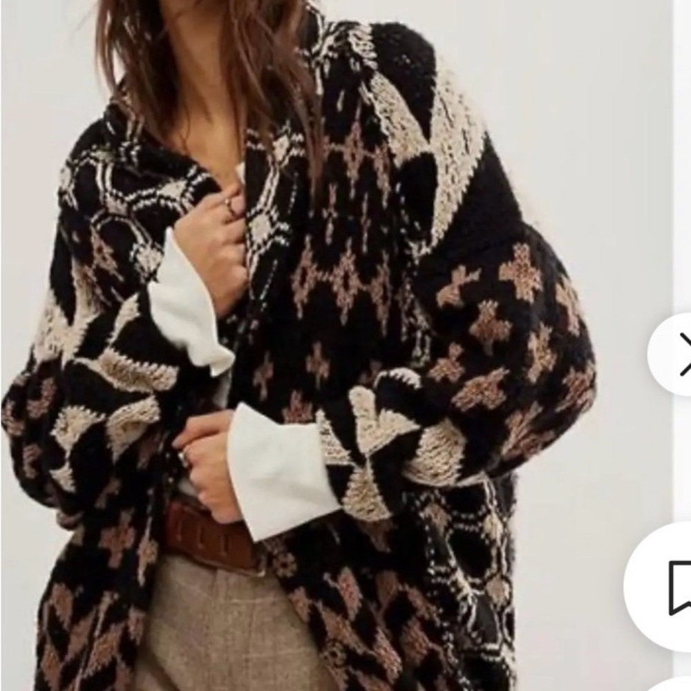 Free People Black and Beige Patterned Button Down Women's Cardigan Sweater